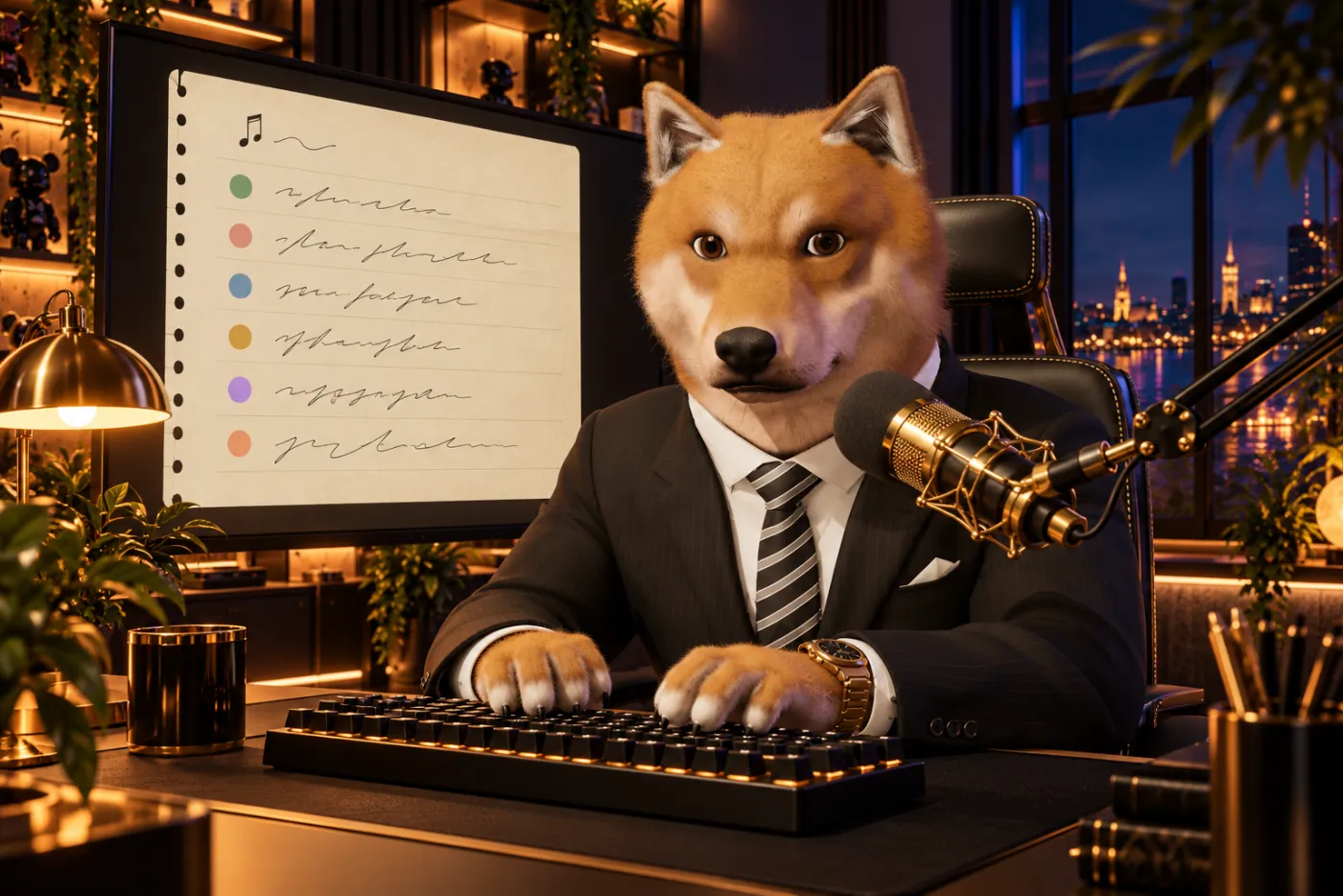 Le Shiba en 3D tape au clavier à son bureau de streamer, devant un grand écran où s’affiche une page de carnet couverte de lignes manuscrites, avec une pastille de couleur en face de certaines lignes.