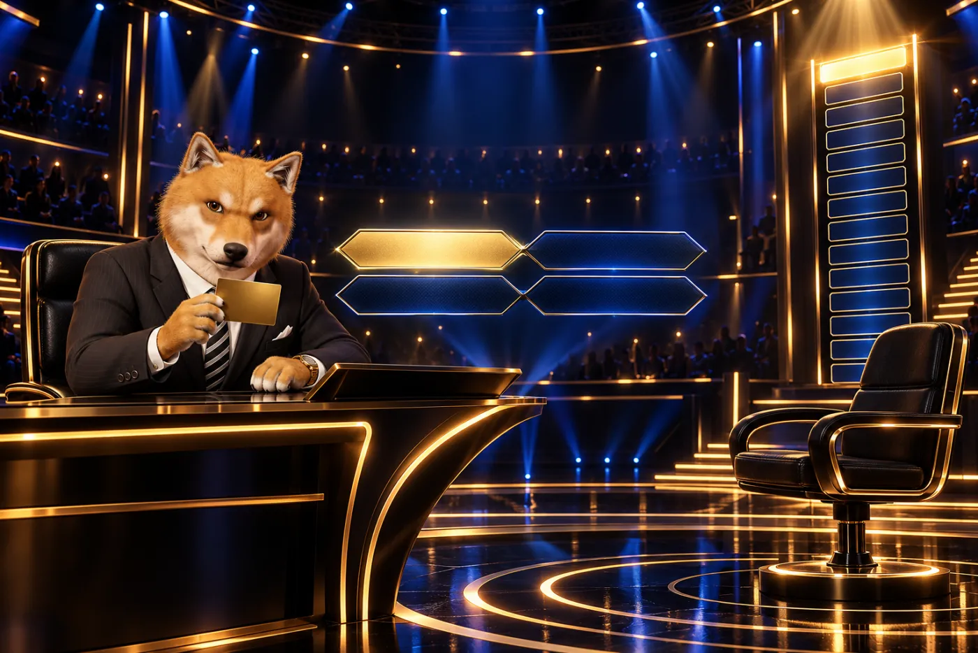 Sur un plateau de quiz bleu et or, le Shiba en 3D est assis côté animateur, une carte dorée à la main ; en face, la chaise du candidat est vide, sous quatre réponses en losange et une échelle de gains.