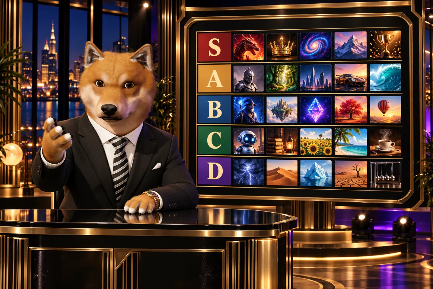Le Shiba en 3D, derrière un bureau de plateau télé noir et or, montre un grand tableau de classement aux rangs S, A, B, C et D garnis d’images.