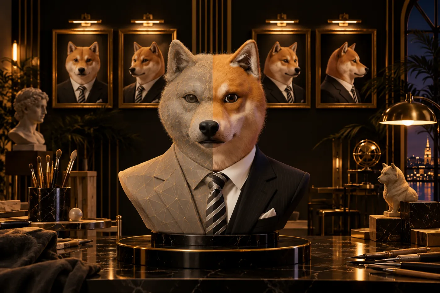 Dans un atelier Art déco, un buste du Shiba en costume sur un socle : une moitié en argile grise striée d’un maillage doré, l’autre moitié finie, avec fourrure et cravate ; derrière, des portraits de référence dans des cadres dorés.