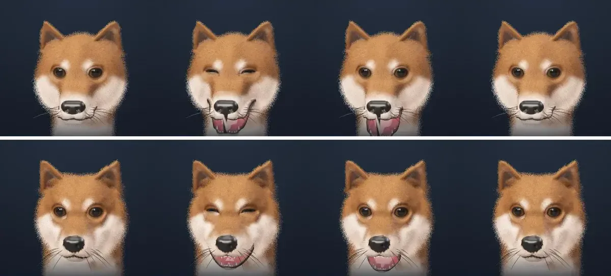 Deux rangées de quatre visages du Shiba en 3D sur fond bleu nuit, à la taille d’antenne : en haut une version jamais publiée, en bas la tête refaite sur le sculpt, plus nette autour de la bouche.