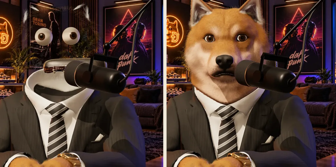 À gauche, le Shiba en costume dans OBS, sans tête : deux yeux et quelques poils flottent au-dessus du col. À droite, la même scène avec la tête revenue.