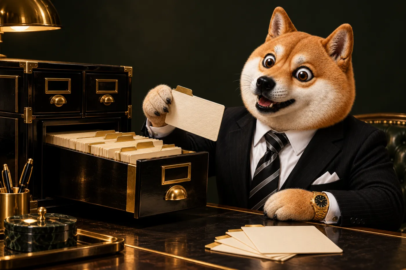 Le Shiba en costume sort une fiche d’un classeur laqué noir aux ferrures dorées, l’air de reconnaître quelqu’un.