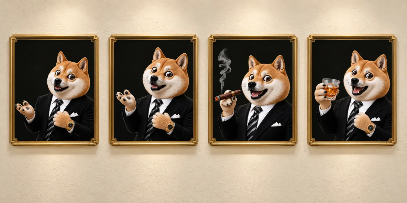 Quatre portraits du Shiba en costume dans des cadres dorés : il parle calmement, il s’anime la patte levée, il tient un cigare, il tient un verre de whisky.