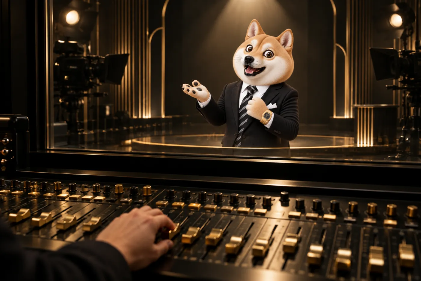 Depuis une régie, une main sur une console aux curseurs dorés ; derrière la vitre, le Shiba parle sur une petite scène sous un projecteur.