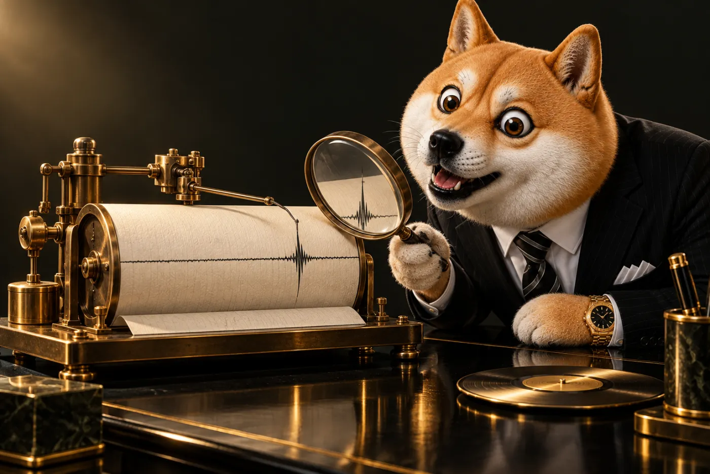 Le Shiba en costume observe à la loupe un pic sur la bande de papier d’un sismographe en laiton, posé sur un bureau laqué noir.