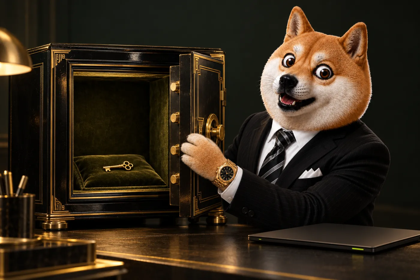 Le Shiba en costume referme un coffre-fort laqué noir aux ferrures dorées, presque vide, où repose une petite clé dorée.