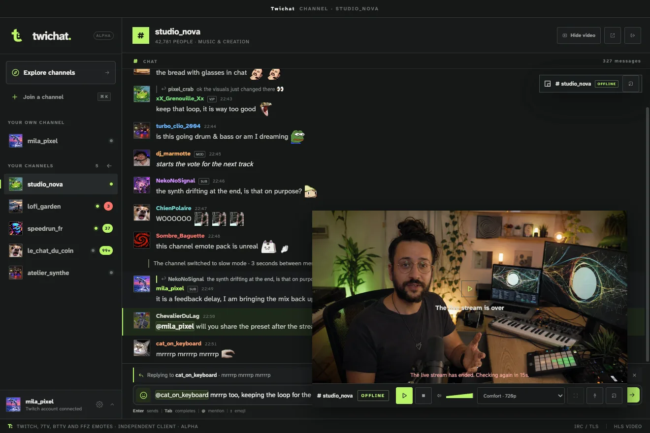 twichat with the video moved into its own window, placed over the chat, just as the stream has ended.