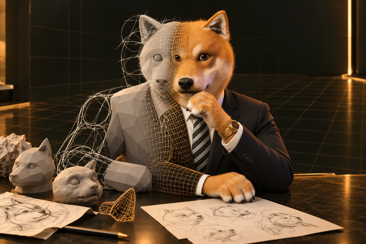 Le Shiba en 3D à son bureau, à moitié construit : à gauche un croquis au crayon, puis une maquette grise à facettes et un maillage en fil de fer doré, à droite le personnage fini en costume rayé. Sur le bureau, des croquis et des têtes d’essai ratées.