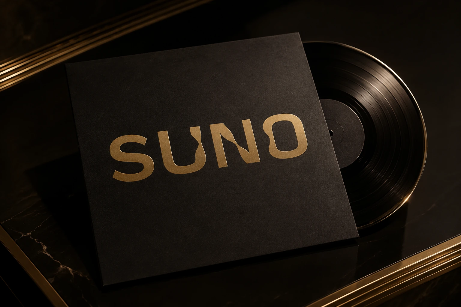 Illustration de Suno Client : pochette noire au logo Suno doré, avec un disque vinyle sur une table laquée.
