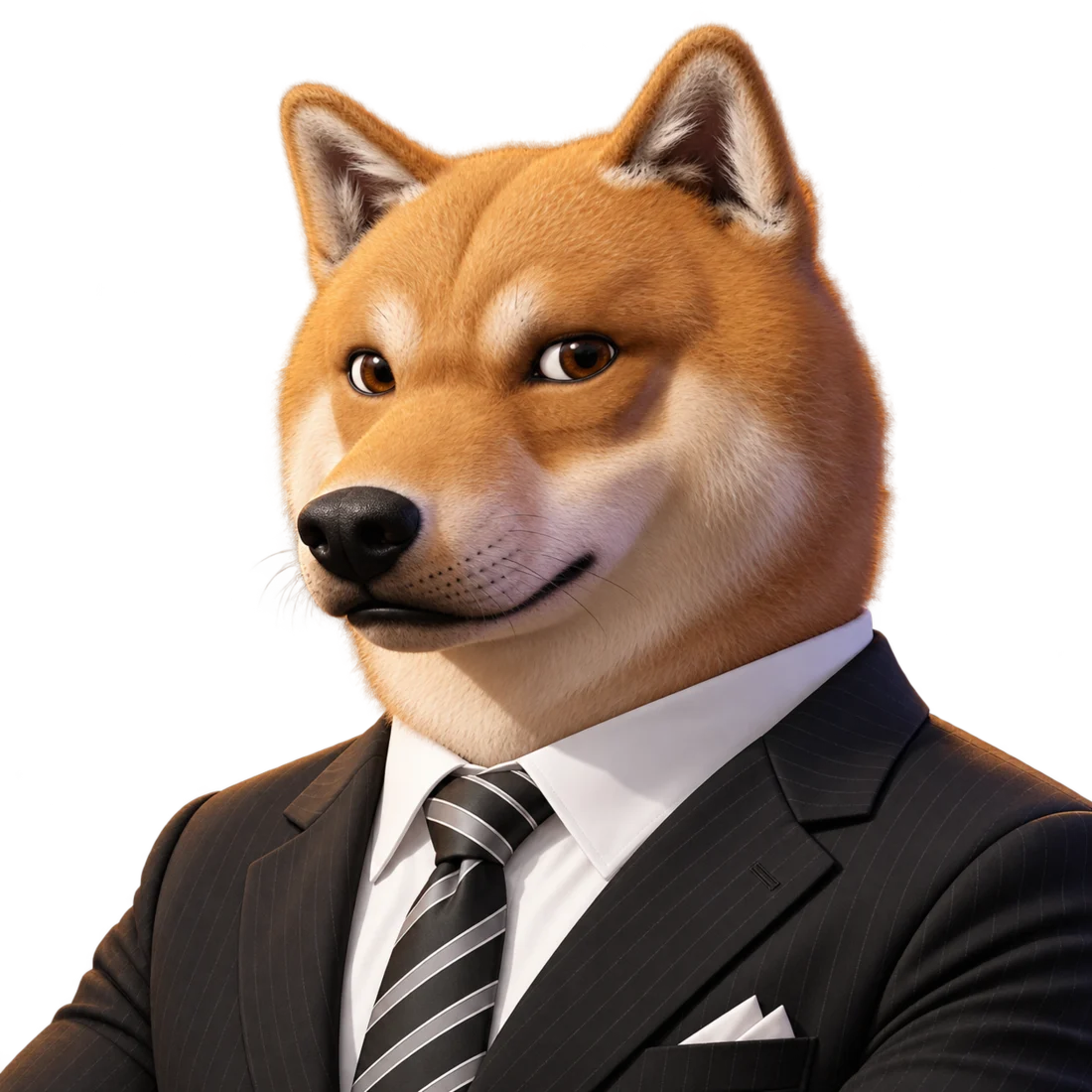 Portrait de The Slumdoge Millionaire, Shiba en costume sombre à fines rayures et cravate.
