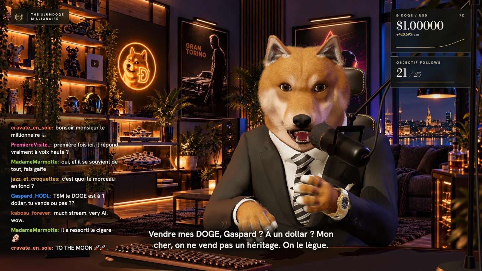 Le direct Twitch : le Shiba en 3D, en costume derrière son micro, répond au chat dans son salon. À gauche, les messages des spectateurs ; en bas, le sous-titre de sa réplique ; en haut à droite, le cours du DOGE et l’objectif de follows.